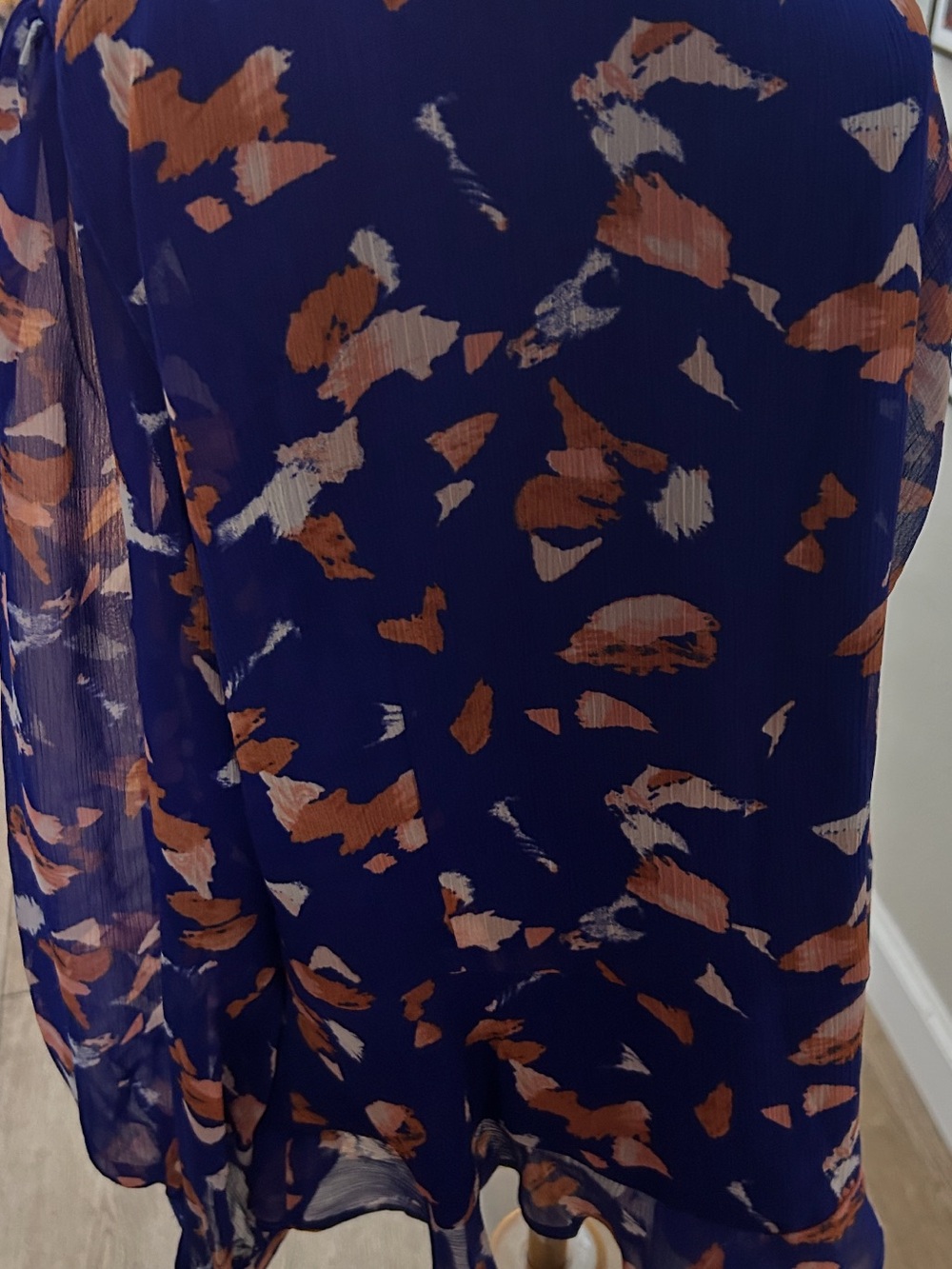 Nine West Navy Blue Floral Print Chiffon Blouse with Rust and Cream Accents